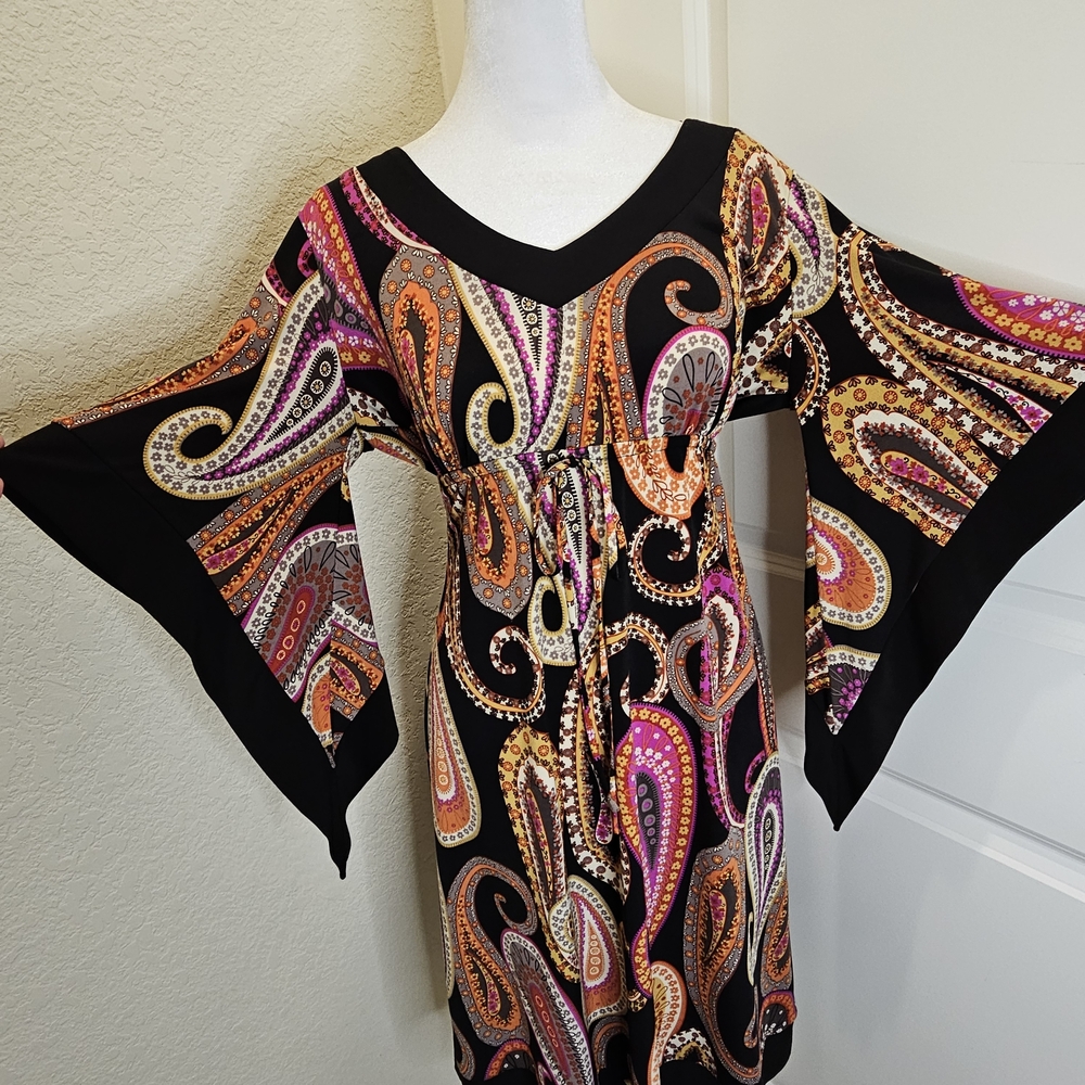 Ronnie Nicole Paisley Midi Dress with Empire Waist, Cascading Bell Sleeves Sz 10